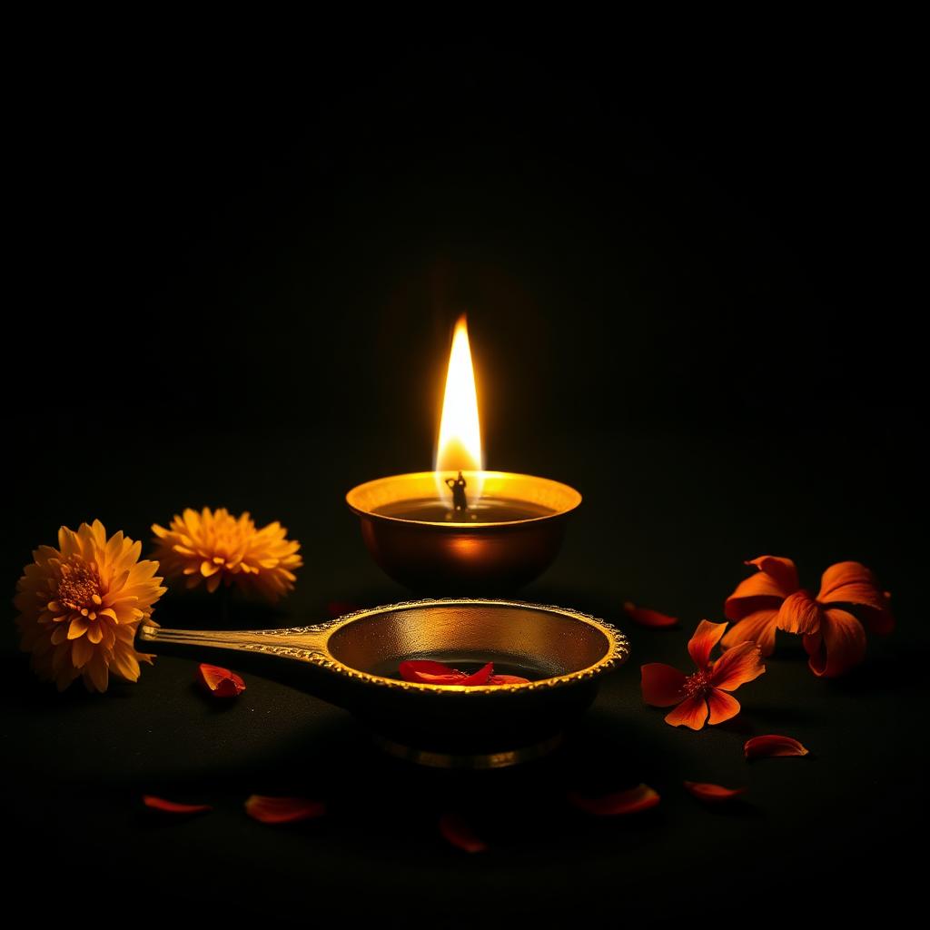Lit oil diya with marigold petals